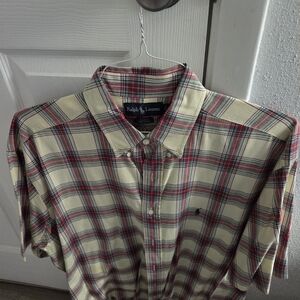 Ralph Lauren Men's Cream and Red Plaid Shirt Vintage Mens L